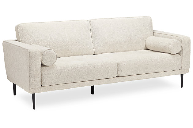 The Caladeron sofa combines the clean lines of mid-century style with the cozy softness of your favorite blanket to create your favorite piece of furniture. The textured chenille upholstery evokes a feeling of comfort and security while the faint chevron pattern, bolster pillows and exposed black metal legs add sophistication.Corner-blocked frame | High-resiliency foam cushions wrapped in thick poly fiber | Loose seat and reversible back cushions | Metal seat base | 2 bolster pillows | Polyester upholstery | Exposed black metal legs | Minor assembly (simply attach legs) | Estimated Assembly Time: 15 Minutes