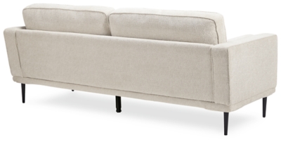 The Caladeron sofa combines the clean lines of mid-century style with the cozy softness of your favorite blanket to create your favorite piece of furniture. The textured chenille upholstery evokes a feeling of comfort and security while the faint chevron pattern, bolster pillows and exposed black metal legs add sophistication.Corner-blocked frame | High-resiliency foam cushions wrapped in thick poly fiber | Loose seat and reversible back cushions | Metal seat base | 2 bolster pillows | Polyester upholstery | Exposed black metal legs | Minor assembly (simply attach legs) | Estimated Assembly Time: 15 Minutes