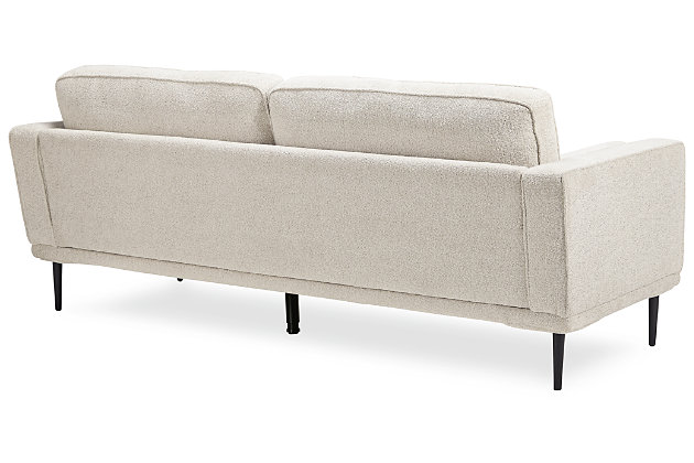 The Caladeron sofa combines the clean lines of mid-century style with the cozy softness of your favorite blanket to create your favorite piece of furniture. The textured chenille upholstery evokes a feeling of comfort and security while the faint chevron pattern, bolster pillows and exposed black metal legs add sophistication.Corner-blocked frame | High-resiliency foam cushions wrapped in thick poly fiber | Loose seat and reversible back cushions | Metal seat base | 2 bolster pillows | Polyester upholstery | Exposed black metal legs | Minor assembly (simply attach legs) | Estimated Assembly Time: 15 Minutes