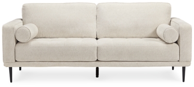 The Caladeron sofa combines the clean lines of mid-century style with the cozy softness of your favorite blanket to create your favorite piece of furniture. The textured chenille upholstery evokes a feeling of comfort and security while the faint chevron pattern, bolster pillows and exposed black metal legs add sophistication.Corner-blocked frame | High-resiliency foam cushions wrapped in thick poly fiber | Loose seat and reversible back cushions | Metal seat base | 2 bolster pillows | Polyester upholstery | Exposed black metal legs | Minor assembly (simply attach legs) | Estimated Assembly Time: 15 Minutes