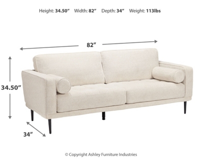 The Caladeron sofa combines the clean lines of mid-century style with the cozy softness of your favorite blanket to create your favorite piece of furniture. The textured chenille upholstery evokes a feeling of comfort and security while the faint chevron pattern, bolster pillows and exposed black metal legs add sophistication.Corner-blocked frame | High-resiliency foam cushions wrapped in thick poly fiber | Loose seat and reversible back cushions | Metal seat base | 2 bolster pillows | Polyester upholstery | Exposed black metal legs | Minor assembly (simply attach legs) | Estimated Assembly Time: 15 Minutes