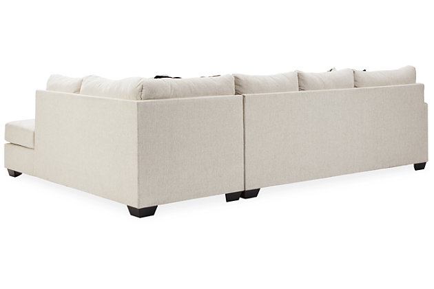Let it snow. Doubling your pleasure with a double chaise configuration for ultimate indulgence, the Cambri sectional in a snow-tone neutral invites you to stretch your style in an easy-elegant way. Whether your aesthetic is urban hip or suburban chic, this posh sectional is sure to look and feel right at home. Wrapped in a chunky heavyweight chenille fabric with a delightful touch, this fashion-forward sectional includes designer throw pillows for a brilliant pop of color and texture.Includes 2 pieces: right-arm facing sofa chaise and left-arm facing corner chaise | "Left-arm" and "right-arm" describe the position of the arm when you face the piece | Corner-blocked frame | Attached back and loose seat cushions  | High-resiliency foam cushions wrapped in thick poly fiber | Polyester upholstery  | Throw pillows included | Pillows with soft polyfill  | Exposed feet with faux wood finish | Platform foundation system resists sagging 3x better than spring system after 20,000 testing cycles by providing more even support | Smooth platform foundation maintains tight, wrinkle-free look without dips or sags that can occur over time with sinuous spring foundations | Estimated Assembly Time: 5 Minutes
