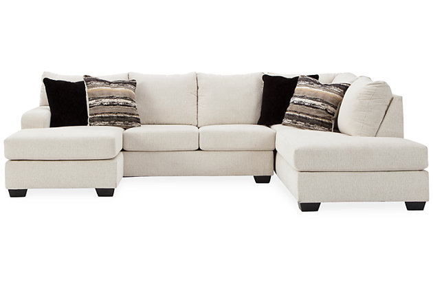 Let it snow. Doubling your pleasure with a double chaise configuration for ultimate indulgence, the Cambri sectional in a snow-tone neutral invites you to stretch your style in an easy-elegant way. Whether your aesthetic is urban hip or suburban chic, this posh sectional is sure to look and feel right at home. Wrapped in a chunky heavyweight chenille fabric with a delightful touch, this fashion-forward sectional includes designer throw pillows for a brilliant pop of color and texture.Includes 2 pieces: right-arm facing sofa chaise and left-arm facing corner chaise | "Left-arm" and "right-arm" describe the position of the arm when you face the piece | Corner-blocked frame | Attached back and loose seat cushions  | High-resiliency foam cushions wrapped in thick poly fiber | Polyester upholstery  | Throw pillows included | Pillows with soft polyfill  | Exposed feet with faux wood finish | Platform foundation system resists sagging 3x better than spring system after 20,000 testing cycles by providing more even support | Smooth platform foundation maintains tight, wrinkle-free look without dips or sags that can occur over time with sinuous spring foundations | Estimated Assembly Time: 5 Minutes