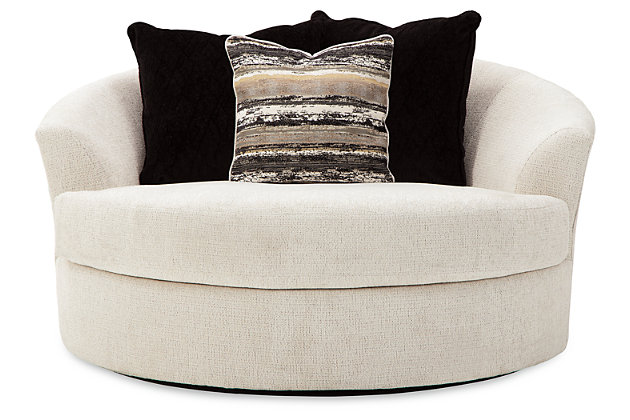 Let it snow. Doubling your pleasure with a spacious seating area with room for two—or just you—the Cambri oversized round swivel chair in a snow-tone neutral invites you to stretch your style in an easy-elegant way. Whether your aesthetic is urban hip or suburban chic, this posh swivel chair is sure to look and feel right at home. Wrapped in a chunky heavyweight chenille fabric with a delightful touch, this fashion-forward chair includes designer pillows for a brilliant pop of color and texture.Corner-blocked frame | Loose seat cushion | High-resiliency foam cushion wrapped in thick poly fiber | Polyester upholstery | Back pillows included | Pillows with soft polyfill | 360-degree swivel | Platform foundation system resists sagging 3x better than spring system after 20,000 testing cycles by providing more even support | Smooth platform foundation maintains tight, wrinkle-free look without dips or sags that can occur over time with sinuous spring foundations