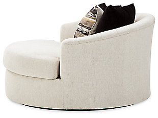 Let it snow. Doubling your pleasure with a spacious seating area with room for two—or just you—the Cambri oversized round swivel chair in a snow-tone neutral invites you to stretch your style in an easy-elegant way. Whether your aesthetic is urban hip or suburban chic, this posh swivel chair is sure to look and feel right at home. Wrapped in a chunky heavyweight chenille fabric with a delightful touch, this fashion-forward chair includes designer pillows for a brilliant pop of color and texture.Corner-blocked frame | Loose seat cushion | High-resiliency foam cushion wrapped in thick poly fiber | Polyester upholstery | Back pillows included | Pillows with soft polyfill | 360-degree swivel | Platform foundation system resists sagging 3x better than spring system after 20,000 testing cycles by providing more even support | Smooth platform foundation maintains tight, wrinkle-free look without dips or sags that can occur over time with sinuous spring foundations