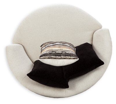 Let it snow. Doubling your pleasure with a spacious seating area with room for two—or just you—the Cambri oversized round swivel chair in a snow-tone neutral invites you to stretch your style in an easy-elegant way. Whether your aesthetic is urban hip or suburban chic, this posh swivel chair is sure to look and feel right at home. Wrapped in a chunky heavyweight chenille fabric with a delightful touch, this fashion-forward chair includes designer pillows for a brilliant pop of color and texture.Corner-blocked frame | Loose seat cushion | High-resiliency foam cushion wrapped in thick poly fiber | Polyester upholstery | Back pillows included | Pillows with soft polyfill | 360-degree swivel | Platform foundation system resists sagging 3x better than spring system after 20,000 testing cycles by providing more even support | Smooth platform foundation maintains tight, wrinkle-free look without dips or sags that can occur over time with sinuous spring foundations