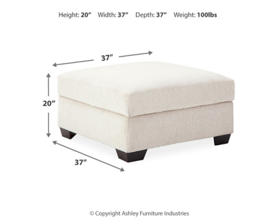 Let it snow. Doubling your pleasure with its combination of form and function, the Cambri storage ottoman in a snow-tone chenille fabric invites you to stretch your style in an easy-elegant way. Whether your aesthetic is urban hip or suburban chic, this posh ottoman with removable cushioned top and loads of handy storage is sure to look and feel right at home. And how’s this for a welcome surprise: a built-in tabletop with cup holders on the flip side!Corner-blocked frame | High-resiliency foam cushion wrapped in thick poly fiber | Polyester upholstery | Storage under cushioned removable top | Built-in tabletop/cup holders on reverse side of removable cushion | Exposed legs with faux wood finish