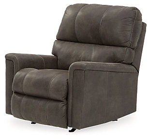 If you love the cool look of leather but long for the warm feel of fabric, you can take comfort in the Navi rocker recliner. Wrapped in a fabulous faux leather with a weathered hue and hint of pebbly texture to resemble the real deal, this decidedly modern recliner proves less is more. Elements include angled side profiling and track armrests wrapped with a layer of pillowy softness for that little something extra. Prominent jumbo stitching and clean-lined divided back styling lend fashion-forward flair.One-pull reclining motion | Gentle roc motion | Corner-blocked frame with metal reinforced seat | Attached cushions | High-resiliency foam cushions wrapped in thick poly fiber | Polyester and polyurethane (faux leather) upholstery