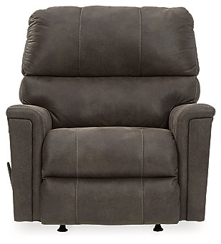 If you love the cool look of leather but long for the warm feel of fabric, you can take comfort in the Navi rocker recliner. Wrapped in a fabulous faux leather with a weathered hue and hint of pebbly texture to resemble the real deal, this decidedly modern recliner proves less is more. Elements include angled side profiling and track armrests wrapped with a layer of pillowy softness for that little something extra. Prominent jumbo stitching and clean-lined divided back styling lend fashion-forward flair.One-pull reclining motion | Gentle rocking motion | Corner-blocked frame with metal reinforced seat | Attached cushions | High-resiliency foam cushions wrapped in thick poly fiber | Polyester and polyurethane (faux leather) upholstery