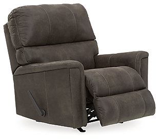 If you love the cool look of leather but long for the warm feel of fabric, you can take comfort in the Navi rocker recliner. Wrapped in a fabulous faux leather with a weathered hue and hint of pebbly texture to resemble the real deal, this decidedly modern recliner proves less is more. Elements include angled side profiling and track armrests wrapped with a layer of pillowy softness for that little something extra. Prominent jumbo stitching and clean-lined divided back styling lend fashion-forward flair.One-pull reclining motion | Gentle roc motion | Corner-blocked frame with metal reinforced seat | Attached cushions | High-resiliency foam cushions wrapped in thick poly fiber | Polyester and polyurethane (faux leather) upholstery