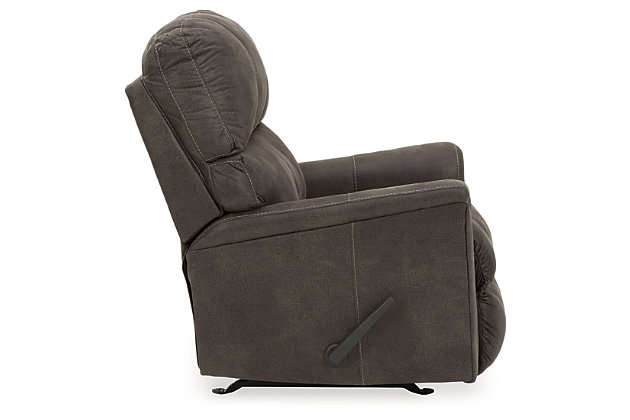 If you love the cool look of leather but long for the warm feel of fabric, you can take comfort in the Navi rocker recliner. Wrapped in a fabulous faux leather with a weathered hue and hint of pebbly texture to resemble the real deal, this decidedly modern recliner proves less is more. Elements include angled side profiling and track armrests wrapped with a layer of pillowy softness for that little something extra. Prominent jumbo stitching and clean-lined divided back styling lend fashion-forward flair.One-pull reclining motion | Gentle rocking motion | Corner-blocked frame with metal reinforced seat | Attached cushions | High-resiliency foam cushions wrapped in thick poly fiber | Polyester and polyurethane (faux leather) upholstery