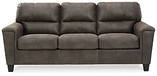 If you love the cool look of leather but long for the warm feel of fabric, you can take comfort in the Navi sofa. Wrapped in a fabulous faux leather with a weathered hue and hint of pebbly texture to resemble the real deal, this decidedly modern sofa proves less is more. Elements include angled side profiling and track armrests wrapped with a layer of pillowy softness for that little something extra. Prominent jumbo stitching and clean-lined divided back styling lend fashion-forward flair.Corner-blocked frame | Attached back and loose seat cushions | High-resiliency foam cushions wrapped in thick poly fiber | Polyester and polyurethane (faux leather) upholstery | Exposed feet with faux wood finish | Platform foundation system resists sagging 3x better than spring system after 20,000 testing cycles by providing more even support | Smooth platform foundation maintains tight, wrinkle-free look without dips or sags that can occur over time with sinuous spring foundations