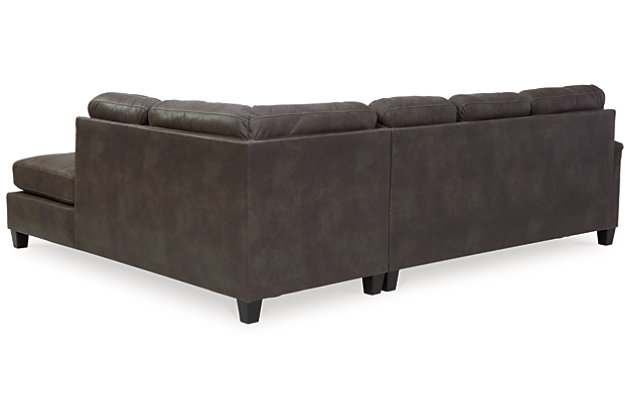 If you love the cool look of leather but long for the warm feel of fabric, you can take comfort in the McCammon sleeper sectional. Wrapped in a fabulous faux leather with a weathered hue and hint of pebbly texture to resemble the real deal, this decidedly modern sectional proves less is more. Elements include angled side profiling and track armrests wrapped with a layer of pillowy softness for that little something extra. Prominent jumbo stitching and clean-lined divided back styling lend fashion-forward flair. Rest assured, the queen memory foam mattress comfortably accommodates overnight guests.Includes 2 pieces: right-arm facing corner chaise and left-arm facing sofa sleeper | "Left-arm" and "right-arm" describe the position of the arm when you face the piece | Corner-blocked frame | High-resiliency foam cushions wrapped in thick poly fiber | Polyester and polyurethane (faux leather) upholstery  | Attached back and loose seat cushions | Exposed feet with faux wood finish | Included bi-fold queen memory foam mattress sits atop a supportive steel frame | Memory foam provides better airflow for a cooler night’s sleep | Memory foam encased in damask ticking | Estimated Assembly Time: 5 Minutes
