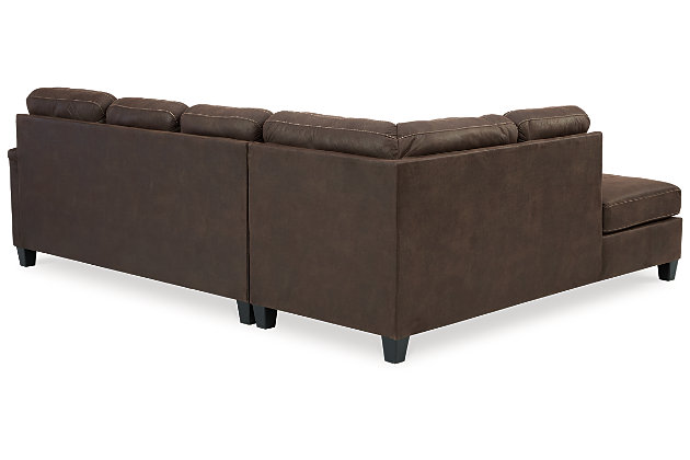 If you love the cool look of leather but long for the warm feel of fabric, you can take comfort in the McCammon sleeper sectional. Wrapped in a fabulous faux leather with a weathered hue and hint of pebbly texture to resemble the real deal, this decidedly modern sectional proves less is more. Elements include angled side profiling and track armrests wrapped with a layer of pillowy softness for that little something extra. Prominent jumbo stitching and clean-lined divided back styling lend fashion-forward flair. Rest assured, the queen memory foam mattress comfortably accommodates overnight guests.Includes 2 pieces: left-arm facing corner chaise and right-arm facing sofa sleeper | "Left-arm" and "right-arm" describe the position of the arm when you face the piece | Corner-blocked frame | High-resiliency foam cushions wrapped in thick poly fiber | Polyester and polyurethane (faux leather) upholstery  | Attached back and loose seat cushions | Exposed feet with faux wood finish | Included bi-fold queen memory foam mattress sits atop a supportive steel frame | Memory foam provides better airflow for a cooler night’s sleep | Memory foam encased in damask ticking | Estimated Assembly Time: 5 Minutes