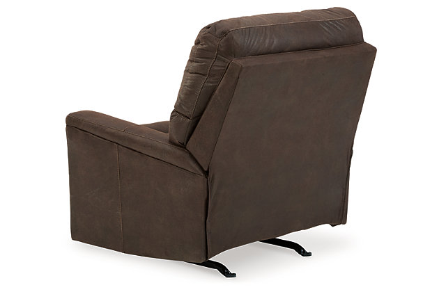 If you love the cool look of leather but long for the warm feel of fabric, you can take comfort in the Navi rocker recliner. Wrapped in a fabulous faux leather with a weathered hue and hint of pebbly texture to resemble the real deal, this decidedly modern recliner proves less is more. Elements include angled side profiling and track armrests wrapped with a layer of pillowy softness for that little something extra. Prominent jumbo stitching and clean-lined divided back styling lend fashion-forward flair.One-pull reclining motion | Gentle rocking motion | Corner-blocked frame with metal reinforced seat | Attached cushions | High-resiliency foam cushions wrapped in thick poly fiber | Polyester and polyurethane (faux leather) upholstery | Exposed feet with faux wood finish