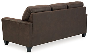 If you love the cool look of leather but long for the warm feel of fabric, you can take comfort in the Navi queen sofa sleeper. Wrapped in a fabulous faux leather with a weathered hue and hint of pebbly texture to resemble the real deal, this decidedly modern sofa proves less is more. Elements include angled side profiling and track armrests wrapped with a layer of pillowy softness for that little something extra. Prominent jumbo stitching and clean-lined divided back styling lend fashion-forward flair. Rest assured, the queen memory foam mattress comfortably accommodates overnight guests.Corner-blocked frame | Attached back and loose seat cushions | High-resiliency foam cushions wrapped in thick poly fiber | Polyester and polyurethane (faux leather) upholstery | Exposed feet with faux wood finish | Included bi-fold queen memory foam mattress sits atop a supportive steel frame | Memory foam provides better airflow for a cooler night’s sleep | Memory foam encased in damask ticking