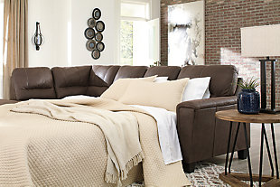 If you love the cool look of leather but long for the warm feel of fabric, you can take comfort in the McCammon sleeper sectional. Wrapped in a fabulous faux leather with a weathered hue and hint of pebbly texture to resemble the real deal, this decidedly modern sectional proves less is more. Elements include angled side profiling and track armrests wrapped with a layer of pillowy softness for that little something extra. Prominent jumbo stitching and clean-lined divided back styling lend fashion-forward flair. Rest assured, the queen memory foam mattress comfortably accommodates overnight guests.Includes 2 pieces: left-arm facing corner chaise and right-arm facing sofa sleeper | "Left-arm" and "right-arm" describe the position of the arm when you face the piece | Corner-blocked frame | High-resiliency foam cushions wrapped in thick poly fiber | Polyester and polyurethane (faux leather) upholstery  | Attached back and loose seat cushions | Exposed feet with faux wood finish | Included bi-fold queen memory foam mattress sits atop a supportive steel frame | Memory foam provides better airflow for a cooler night’s sleep | Memory foam encased in damask ticking | Estimated Assembly Time: 5 Minutes