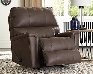 If you love the cool look of leather but long for the warm feel of fabric, you can take comfort in the Navi rocker recliner. Wrapped in a fabulous faux leather with a weathered hue and hint of pebbly texture to resemble the real deal, this decidedly modern recliner proves less is more. Elements include angled side profiling and track armrests wrapped with a layer of pillowy softness for that little something extra. Prominent jumbo stitching and clean-lined divided back styling lend fashion-forward flair.One-pull reclining motion | Gentle rocking motion | Corner-blocked frame with metal reinforced seat | Attached cushions | High-resiliency foam cushions wrapped in thick poly fiber | Polyester and polyurethane (faux leather) upholstery | Exposed feet with faux wood finish