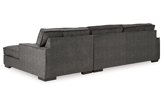 Bringing ultra-contemporary flair to the art of modern interiors, the Coulee Point sectional in charcoal gray velvet is so on point. Brilliantly simple box cushions and wide track arms are outlined with distinctive flange welting for a high-design aesthetic. Tufted cushions add to the sumptuous look and feel for an indulgent experience made to be comfortably affordable.Includes 2 pieces: right-arm facing corner chaise and left-arm facing sofa | "Left-arm" and "right-arm" describe the position of the arm when you face the piece | Corner-blocked frame | Loose cushions | High-resiliency foam cushions wrapped in thick poly fiber | Polyester velvet upholstery  | Exposed feet with faux wood finish | Platform foundation system resists sagging 3x better than spring system after 20,000 testing cycles by providing more even support | Smooth platform foundation maintains tight, wrinkle-free look without dips or sags that can occur over time with sinuous spring foundations | Estimated Assembly Time: 5 Minutes