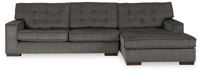 Bringing ultra-contemporary flair to the art of modern interiors, the Coulee Point sectional in charcoal gray velvet is so on point. Brilliantly simple box cushions and wide track arms are outlined with distinctive flange welting for a high-design aesthetic. Tufted cushions add to the sumptuous look and feel for an indulgent experience made to be comfortably affordable.Includes 2 pieces: right-arm facing corner chaise and left-arm facing sofa | "Left-arm" and "right-arm" describe the position of the arm when you face the piece | Corner-blocked frame | Loose cushions | High-resiliency foam cushions wrapped in thick poly fiber | Polyester velvet upholstery  | Exposed feet with faux wood finish | Platform foundation system resists sagging 3x better than spring system after 20,000 testing cycles by providing more even support | Smooth platform foundation maintains tight, wrinkle-free look without dips or sags that can occur over time with sinuous spring foundations | Estimated Assembly Time: 5 Minutes