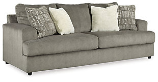 Flaunting a trendsetting silhouette, the Soletren sofa and loveseat put the contemporary in your contemporary home. Its “three over two” profile eliminates the center seat cushion, giving you elongated plushness and deep seating. Microfiber fabric satisfies your need for pieces that feel as good as they look. Accented with soft jacquard chenille throw pillows for a splash of geometric pattern and color contrast.Includes sofa and loveseat | Corner-blocked frame | Attached back and loose seat cushions | High-resiliency foam cushions wrapped in thick poly fiber | Toss pillows included | Pillows with soft polyfill | Polyester upholstery and polyester pillows | Exposed feet with faux wood finish | Sofa and loveseat with platform foundation system resists sagging 3x better than spring system after 20,000 testing cycles by providing more even support | Smooth platform foundation maintains tight, wrinkle-free look without dips or sags that can occur over time with sinuous spring foundations