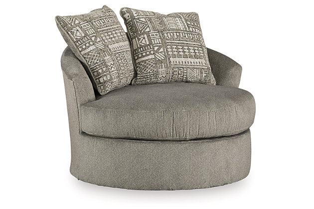 Flaunting a trendsetting silhouette, the Soletren swivel accent chair puts the contemporary in your contemporary home. Its 360-degree swivel gives you an around-the-room view to complement your comfort. Microfiber fabric satisfies your need for a piece that feels as good as it looks. Accented with soft jacquard chenille throw pillows for a splash of geometric pattern and color contrast.Corner-blocked frame | Attached back and loose seat cushions | 360-degree swivel | High-resiliency foam cushions wrapped in thick poly fiber | 2 decorative pillows included | Pillows with soft polyfill | Polyester upholstery and polyester pillows | Exposed feet with faux wood finish