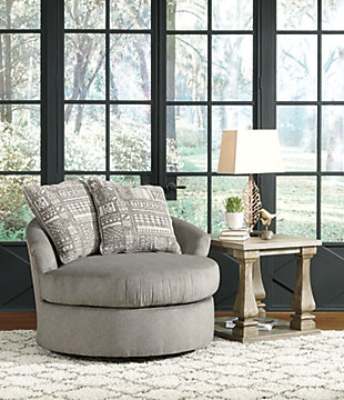 Flaunting a trendsetting silhouette, the Soletren swivel accent chair puts the contemporary in your contemporary home. Its 360-degree swivel gives you an around-the-room view to complement your comfort. Microfiber fabric satisfies your need for a piece that feels as good as it looks. Accented with soft jacquard chenille throw pillows for a splash of geometric pattern and color contrast.Corner-blocked frame | Attached back and loose seat cushions | 360-degree swivel | High-resiliency foam cushions wrapped in thick poly fiber | 2 decorative pillows included | Pillows with soft polyfill | Polyester upholstery and polyester pillows | Exposed feet with faux wood finish