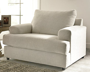 Flaunting a trendsetting silhouette, the Soletren oversized chair puts the contemporary in your contemporary home. Seating space is ample, giving you elongated plushness for deep relaxation. Chunky chenille fabric satisfies your need for a piece that feels as good as it looks.Corner-blocked frame | Attached back and loose seat cushions | High-resiliency foam cushions wrapped in thick poly fiber | Platform foundation system resists sagging 3x better than spring system after 20,000 testing cycles by providing more even support | Smooth platform foundation maintains tight, wrinkle-free look without dips or sags that can occur over time with sinuous spring foundations | Polyester upholstery | Exposed feet with faux wood finish