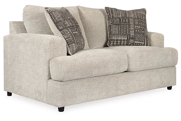 Flaunting a trendsetting silhouette, the Soletren sofa and loveseat put the contemporary in your contemporary home. The sofa and loveseat’s "three over two” profile eliminates the center seat cushion, giving you elongated plushness and deep seating. Chunky chenille fabric satisfies your need for a piece that feels as good as it looks. Accented with soft jacquard chenille throw pillows for a splash of geometric pattern and color contrast.Includes sofa and loveseat | Corner-blocked frame | Attached back and loose seat cushions | High-resiliency foam cushions wrapped in thick poly fiber | Toss pillows included | Pillows with soft polyfill | Polyester upholstery and polyester pillows | Exposed feet with faux wood finish | Sofa and loveseat with platform foundation system resists sagging 3x better than spring system after 20,000 testing cycles by providing more even support | Smooth platform foundation maintains tight, wrinkle-free look without dips or sags that can occur over time with sinuous spring foundations