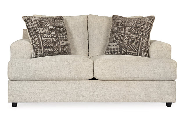 Flaunting a trendsetting silhouette, the Soletren loveseat puts the contemporary in your contemporary home. Its “three over two” profile eliminates the center seat cushion, giving you elongated plushness and deep seating. Chunky chenille fabric satisfies your need for a piece that feels as good as it looks. Accented with soft jacquard chenille throw pillows for a splash of geometric pattern and color contrast.Corner-blocked frame | Attached back and loose seat cushions | High-resiliency foam cushions wrapped in thick poly fiber | Platform foundation system resists sagging 3x better than spring system after 20,000 testing cycles by providing more even support | Smooth platform foundation maintains tight, wrinkle-free look without dips or sags that can occur over time with sinuous spring foundations | 2 decorative pillows included | Pillows with soft polyfill | Polyester upholstery and polyester pillows | Exposed feet with faux wood finish