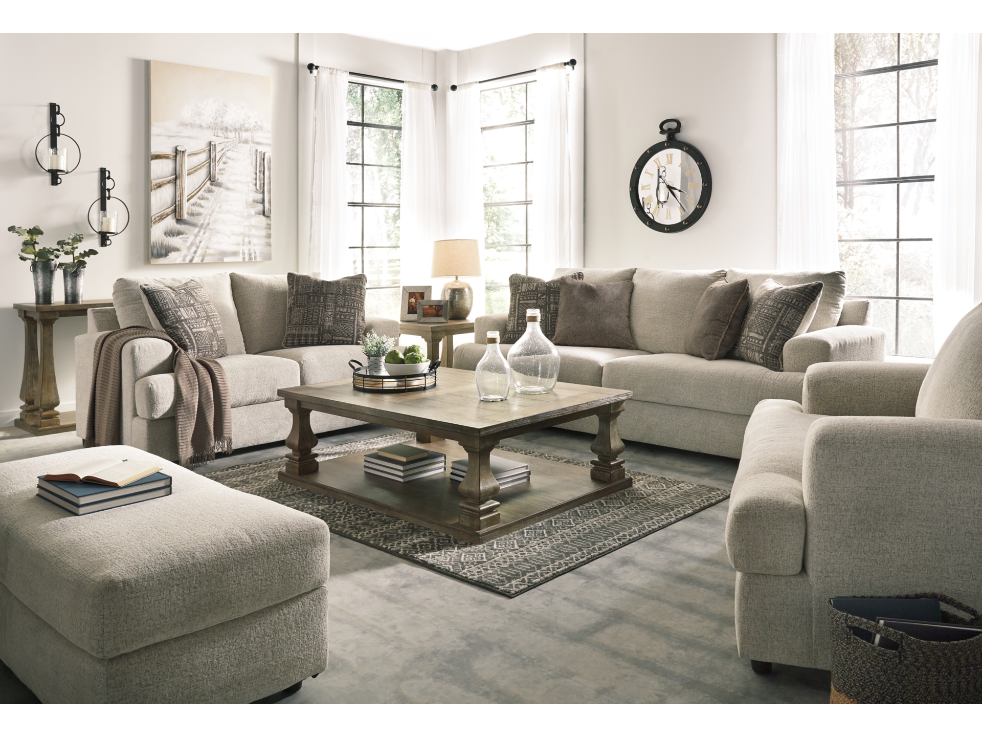 Soletren Sofa, Loveseat, Chair Ottoman and Swivel Accent Chair Stone 