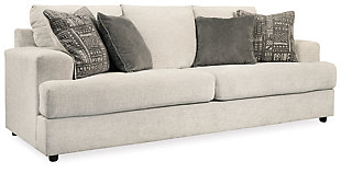 Flaunting a trendsetting silhouette, the Soletren sofa sleeper puts the contemporary in your contemporary home. Its “three over two” profile eliminates the center seat cushion, giving you elongated plushness and deep seating. Chunky chenille fabric satisfies your need for a piece that feels as good as it looks. Accented with soft jacquard chenille throw pillows for a splash of geometric pattern and color contrast. Pull-out mattress in quality memory foam comfortably accommodates overnight guests.Corner-blocked frame | Attached back and loose seat cushions | High-resiliency foam cushions wrapped in thick poly fiber | 4 decorative pillows included | Pillows with soft polyfill | Polyester upholstery and polyester pillows | Exposed feet with faux wood finish | Included bi-fold memory foam mattress sits atop a supportive steel frame | Memory foam provides better airflow for a cooler night’s sleep | Memory foam encased in damask tic