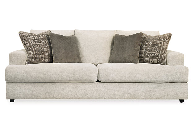 Flaunting a trendsetting silhouette, the Soletren sofa sleeper puts the contemporary in your contemporary home. Its “three over two” profile eliminates the center seat cushion, giving you elongated plushness and deep seating. Chunky chenille fabric satisfies your need for a piece that feels as good as it looks. Accented with soft jacquard chenille throw pillows for a splash of geometric pattern and color contrast. Pull-out queen mattress in quality memory foam comfortably accommodates overnight guests.Corner-blocked frame | Attached back and loose seat cushions | High-resiliency foam cushions wrapped in thick poly fiber | 4 decorative pillows included | Pillows with soft polyfill | Polyester upholstery and polyester pillows | Exposed feet with faux wood finish | Included bi-fold queen memory foam mattress sits atop a supportive steel frame | Memory foam provides better airflow for a cooler night’s sleep | Memory foam encased in damask ticking