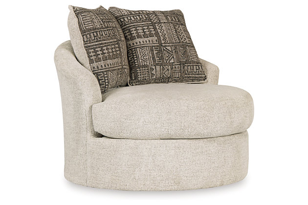 Flaunting a trendsetting silhouette, the Soletren swivel accent chair puts the contemporary in your contemporary home. Its 360-degree swivel gives you an around-the-room view to complement your comfort. Chunky chenille fabric satisfies your need for a piece that feels as good as it looks. Accented with soft jacquard chenille throw pillows for a splash of geometric pattern and color contrast.Corner-blocked frame | Attached back and loose seat cushions | 360-degree swivel | High-resiliency foam cushions wrapped in thick poly fiber | 2 decorative pillows included | Pillows with soft polyfill | Polyester upholstery and polyester pillows | Exposed feet with faux wood finish