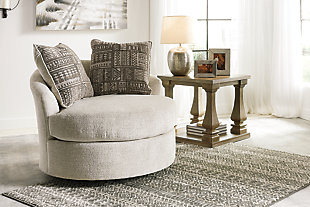 Flaunting a trendsetting silhouette, the Soletren swivel accent chair puts the contemporary in your contemporary home. Its 360-degree swivel gives you an around-the-room view to complement your comfort. Chunky chenille fabric satisfies your need for a piece that feels as good as it looks. Accented with soft jacquard chenille throw pillows for a splash of geometric pattern and color contrast.Corner-blocked frame | Attached back and loose seat cushions | 360-degree swivel | High-resiliency foam cushions wrapped in thick poly fiber | 2 decorative pillows included | Pillows with soft polyfill | Polyester upholstery and polyester pillows | Exposed feet with faux wood finish