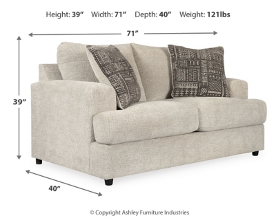 Flaunting a trendsetting silhouette, the Soletren loveseat puts the contemporary in your contemporary home. Its “three over two” profile eliminates the center seat cushion, giving you elongated plushness and deep seating. Chunky chenille fabric satisfies your need for a piece that feels as good as it looks. Accented with soft jacquard chenille throw pillows for a splash of geometric pattern and color contrast.Corner-blocked frame | Attached back and loose seat cushions | High-resiliency foam cushions wrapped in thick poly fiber | Platform foundation system resists sagging 3x better than spring system after 20,000 testing cycles by providing more even support | Smooth platform foundation maintains tight, wrinkle-free look without dips or sags that can occur over time with sinuous spring foundations | 2 decorative pillows included | Pillows with soft polyfill | Polyester upholstery and polyester pillows | Exposed feet with faux wood finish