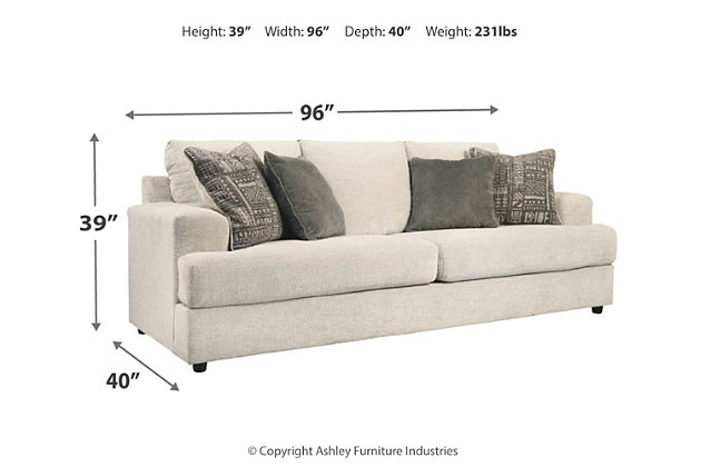 Flaunting a trendsetting silhouette, the Soletren sofa sleeper puts the contemporary in your contemporary home. Its “three over two” profile eliminates the center seat cushion, giving you elongated plushness and deep seating. Chunky chenille fabric satisfies your need for a piece that feels as good as it looks. Accented with soft jacquard chenille throw pillows for a splash of geometric pattern and color contrast. Pull-out mattress in quality memory foam comfortably accommodates overnight guests.Corner-blocked frame | Attached back and loose seat cushions | High-resiliency foam cushions wrapped in thick poly fiber | 4 decorative pillows included | Pillows with soft polyfill | Polyester upholstery and polyester pillows | Exposed feet with faux wood finish | Included bi-fold memory foam mattress sits atop a supportive steel frame | Memory foam provides better airflow for a cooler night’s sleep | Memory foam encased in damask tic
