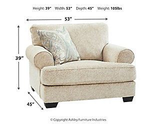 The Monaghan oversized chair strikes a beautiful balance between classic and current. Traditional elements include t-cushion seating and setback roll arms, angled for modern flair. Jacquard paisley pillow makes a muted, mellow complement to the chair’s casual textured chenille upholstery. Choice of sandstone beige is a light and lovely style awakening.Plush seating | Corner-blocked frame | Reversible cushions | High-resiliency foam cushions wrapped in thick poly fiber | Platform foundation system resists sagging 3x better than spring system after 20,000 testing cycles by providing more even support | Smooth platform foundation maintains tight, wrinkle-free look without dips or sags that can occur over time with sinuous spring foundations | Toss pillow included | Pillow with soft polyfill | Polyester upholstery; polyester and polyester/linen pillow | Exposed feet with faux wood finish