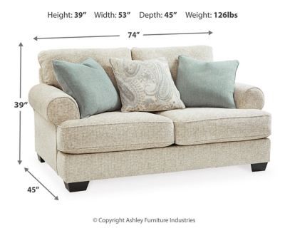 The Monaghan loveseat strikes a beautiful balance between classic and current. Traditional elements include t-cushion seating and setback roll arms, angled for modern flair. Posh collection of pillows in spa mist and jacquard paisley make a muted, mellow complement to the loveseat’s casual textured chenille upholstery. Choice of sandstone beige is a light and lovely style awakening.Plush seating | Corner-blocked frame | Reversible cushions | High-resiliency foam cushions wrapped in thick poly fiber | Platform foundation system resists sagging 3x better than spring system after 20,000 testing cycles by providing more even support | Smooth platform foundation maintains tight, wrinkle-free look without dips or sags that can occur over time with sinuous spring foundations | 3 toss pillows included | Pillows with soft polyfill | Polyester upholstery; polyester and polyester/linen pillows | Exposed feet with faux wood finish