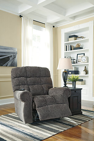 The next generation of recliners has arrived in fine style. Beyond its perfectly placed pillow support and sumptuous chenille-feel upholstery, Ernestine power lift recliner with dual motor design takes custom comfort to a new level. With the touch of a button, power lift feature gently eases you from the ultimate slumber into a lift-and-tilt position to get you back on your feet, effortlessly.One-touch (hand control) power button with adjustable positions | Corner-blocked frame with metal reinforced seat | Attached back and seat cushions | High-resiliency foam cushions wrapped in thick poly fiber | Polyester upholstery | Dual motors control the footrest and back independently for custom comfort positioning | Emergency battery backup runs on two 9-volt batteries (not included), in case of power outage | Power cord included; UL Listed | Excluded from promotional discounts and coupons | Estimated Assembly Time: 15 Minutes