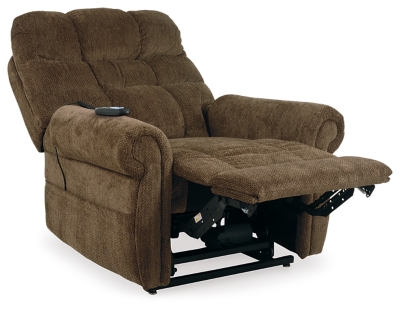 The next generation of recliners has arrived in fine style. Beyond its perfectly placed pillow support and sumptuous chenille-feel upholstery, Ernestine power lift recliner with dual motor design takes custom comfort to a new level. With the touch of a button, power lift feature gently eases you from the ultimate slumber into a lift-and-tilt position to get you back on your feet, effortlessly.One-touch (hand control) power button with adjustable positions | Corner-blocked frame with metal reinforced seat and footrest | Attached back and seat cushions | High-resiliency foam cushions wrapped in thick poly fiber | Polyester upholstery | Dual motors control the footrest and back independently for custom comfort positioning | Emergency battery backup runs on two 9-volt batteries (not included), in case of power outage | Power cord included; UL Listed | Estimated Assembly Time: 15 Minutes