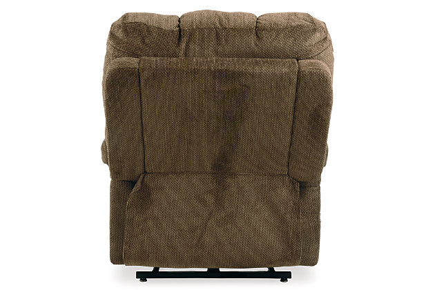 The next generation of recliners has arrived in fine style. Beyond its perfectly placed pillow support and sumptuous chenille-feel upholstery, Ernestine power lift recliner with dual motor design takes custom comfort to a new level. With the touch of a button, power lift feature gently eases you from the ultimate slumber into a lift-and-tilt position to get you back on your feet, effortlessly.One-touch (hand control) power button with adjustable positions | Corner-blocked frame with metal reinforced seat and footrest | Attached back and seat cushions | High-resiliency foam cushions wrapped in thick poly fiber | Polyester upholstery | Dual motors control the footrest and back independently for custom comfort positioning | Emergency battery backup runs on two 9-volt batteries (not included), in case of power outage | Power cord included; UL Listed | Estimated Assembly Time: 15 Minutes
