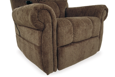 The next generation of recliners has arrived in fine style. Beyond its perfectly placed pillow support and sumptuous chenille-feel upholstery, Ernestine power lift recliner with dual motor design takes custom comfort to a new level. With the touch of a button, power lift feature gently eases you from the ultimate slumber into a lift-and-tilt position to get you back on your feet, effortlessly.One-touch (hand control) power button with adjustable positions | Corner-blocked frame with metal reinforced seat and footrest | Attached back and seat cushions | High-resiliency foam cushions wrapped in thick poly fiber | Polyester upholstery | Dual motors control the footrest and back independently for custom comfort positioning | Emergency battery backup runs on two 9-volt batteries (not included), in case of power outage | Power cord included; UL Listed | Estimated Assembly Time: 15 Minutes