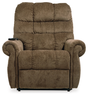 The next generation of recliners has arrived in fine style. Beyond its perfectly placed pillow support and sumptuous chenille-feel upholstery, Ernestine power lift recliner with dual motor design takes custom comfort to a new level. With the touch of a button, power lift feature gently eases you from the ultimate slumber into a lift-and-tilt position to get you back on your feet, effortlessly.One-touch (hand control) power button with adjustable positions | Corner-blocked frame with metal reinforced seat and footrest | Attached back and seat cushions | High-resiliency foam cushions wrapped in thick poly fiber | Polyester upholstery | Dual motors control the footrest and back independently for custom comfort positioning | Emergency battery backup runs on two 9-volt batteries (not included), in case of power outage | Power cord included; UL Listed | Estimated Assembly Time: 15 Minutes