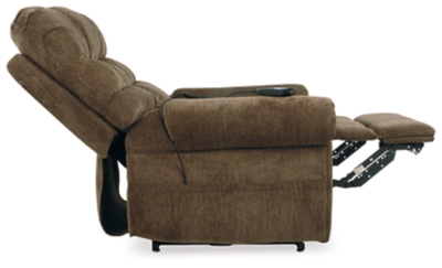 The next generation of recliners has arrived in fine style. Beyond its perfectly placed pillow support and sumptuous chenille-feel upholstery, Ernestine power lift recliner with dual motor design takes custom comfort to a new level. With the touch of a button, power lift feature gently eases you from the ultimate slumber into a lift-and-tilt position to get you back on your feet, effortlessly.One-touch (hand control) power button with adjustable positions | Corner-blocked frame with metal reinforced seat and footrest | Attached back and seat cushions | High-resiliency foam cushions wrapped in thick poly fiber | Polyester upholstery | Dual motors control the footrest and back independently for custom comfort positioning | Emergency battery backup runs on two 9-volt batteries (not included), in case of power outage | Power cord included; UL Listed | Estimated Assembly Time: 15 Minutes