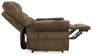 The next generation of recliners has arrived in fine style. Beyond its perfectly placed pillow support and sumptuous chenille-feel upholstery, Ernestine power lift recliner with dual motor design takes custom comfort to a new level. With the touch of a button, power lift feature gently eases you from the ultimate slumber into a lift-and-tilt position to get you back on your feet, effortlessly.One-touch (hand control) power button with adjustable positions | Corner-blocked frame with metal reinforced seat and footrest | Attached back and seat cushions | High-resiliency foam cushions wrapped in thick poly fiber | Polyester upholstery | Dual motors control the footrest and back independently for custom comfort positioning | Emergency battery backup runs on two 9-volt batteries (not included), in case of power outage | Power cord included; UL Listed | Estimated Assembly Time: 15 Minutes