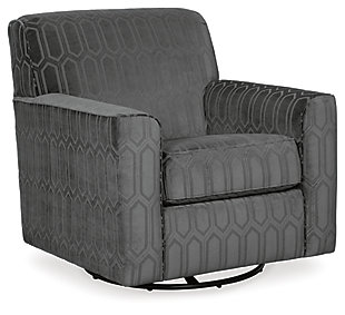 Style and comfort take a turn for the better in the Zarina swivel accent chair. Enriched with raised texturing and a chic geometric pattern, the swivel chair’s gorgeous graphite gray upholstery is a pleasure for the senses. A 360-degree swivel makes this chair that much more of a head turner.Corner-blocked frame | Loose seat cushion | High-resiliency foam cushion wrapped in thick poly fiber | Platform foundation system resists sagging 3x better than spring system after 20,000 testing cycles by providing more even support | Smooth platform foundation maintains tight, wrinkle-free look without dips or sags that can occur over time with sinuous spring foundations | Polyester upholstery | 360-degree swivel