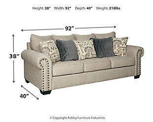 The Zarina sofa sleeper lets you make a high-style statement at a comfortably affordable price. Richly traditional roll arms are given a modern punch care of oversized nailhead trim in a black nickel-tone finish. Linen-weave upholstery in fresh and clean sandstone beige is complemented with designer pillows that add texture and sophistication. Pull-out queen mattress in quality memory foam comfortably accommodates overnight guests.Corner-blocked frame | Attached back and loose seat cushions | High-resiliency foam cushions wrapped in thick poly fiber | 5 toss pillows included | Pillows with soft polyfill | Polyester upholstery; polyester and polyester/chenille pillows | Black nickel-tone nailhead trim | Exposed feet with faux wood finish | Included bi-fold queen memory foam mattress sits atop a supportive steel frame | Memory foam provides better airflow for a cooler night’s sleep | Memory foam encased in damask ticking