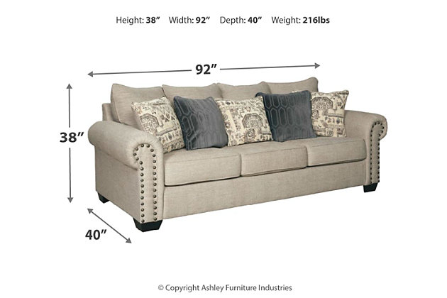 The Zarina sofa sleeper lets you make a high-style statement at a comfortably affordable price. Richly traditional roll arms are given a modern punch care of oversized nailhead trim in a black nickel-tone finish. Linen-weave upholstery in fresh and clean sandstone beige is complemented with designer pillows that add texture and sophistication. Pull-out queen mattress in quality memory foam comfortably accommodates overnight guests.Corner-blocked frame | Attached back and loose seat cushions | High-resiliency foam cushions wrapped in thick poly fiber | 5 toss pillows included | Pillows with soft polyfill | Polyester upholstery; polyester and polyester/chenille pillows | Black nickel-tone nailhead trim | Exposed feet with faux wood finish | Included bi-fold queen memory foam mattress sits atop a supportive steel frame | Memory foam provides better airflow for a cooler night’s sleep | Memory foam encased in damask ticking
