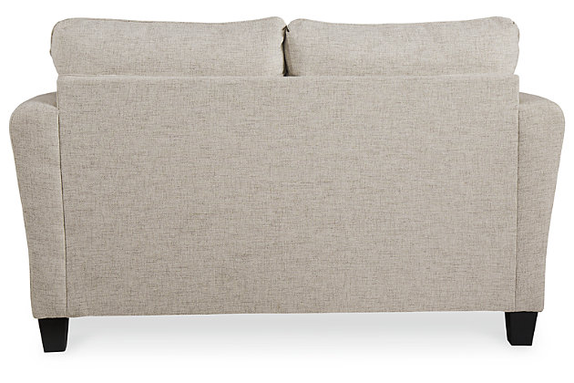 Whether you’re creating a warm and cozy modern farmhouse or cool and contemporary escape, the Alcona loveseat is sure to look right at home. High armrests with a rounded track design provide a chic, sheltering effect. Light linen-tone upholstery is a beauty to behold.Corner-blocked frame | Attached back and reversible seat cushions | High-resiliency foam cushions wrapped in thick poly fiber | Platform foundation system resists sagging 3x better than spring system after 20,000 testing cycles by providing more even support | Smooth platform foundation maintains tight, wrinkle-free look without dips or sags that can occur over time with sinuous spring foundations | 2 toss pillows included | Pillows with soft polyfill | Polyester upholstery and pillows | Exposed feet with faux wood finish